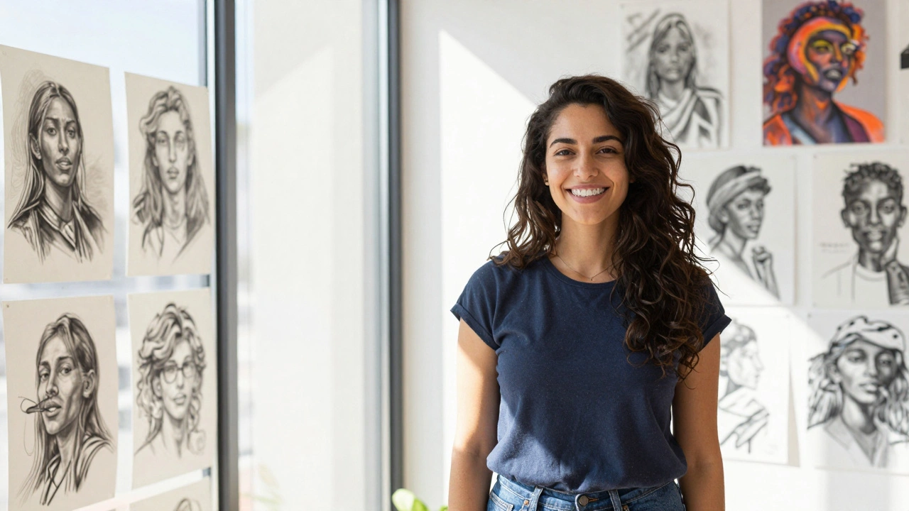 Žena stojí před výstavou kreseb, otevřeně se směje s téměř neviditelnými rovnátky.