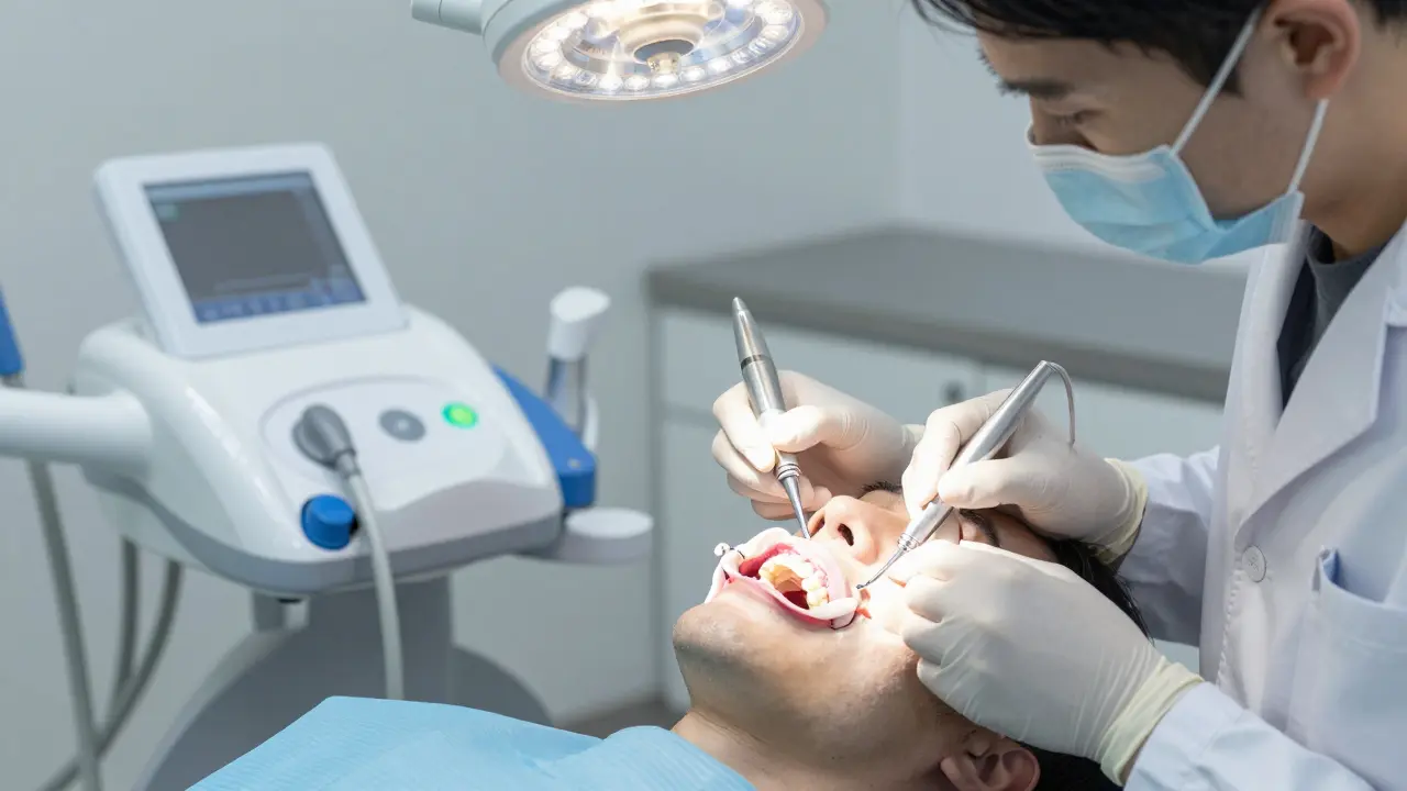 Zubař aplikuje bělící gel v klinice, pacient má v ústech formu Opalescence Boost.