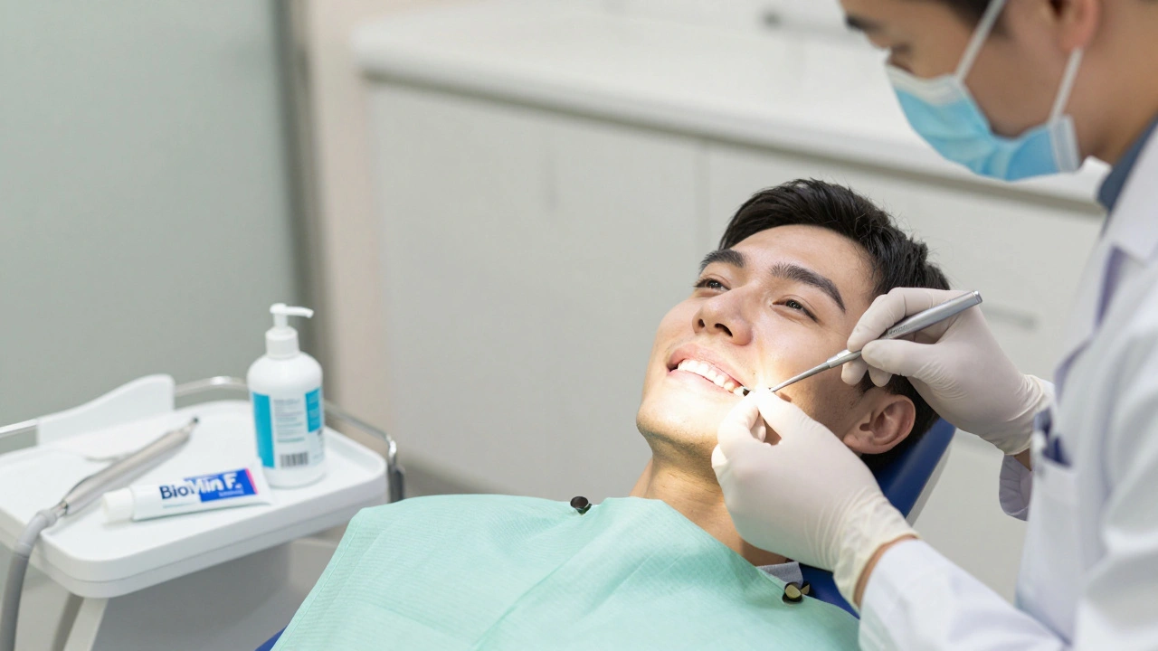 Zubař aplikuje ochranný gel na dásně pacienta v klinice, na stole jsou bělící přípravky a pasta pro citlivé zuby.