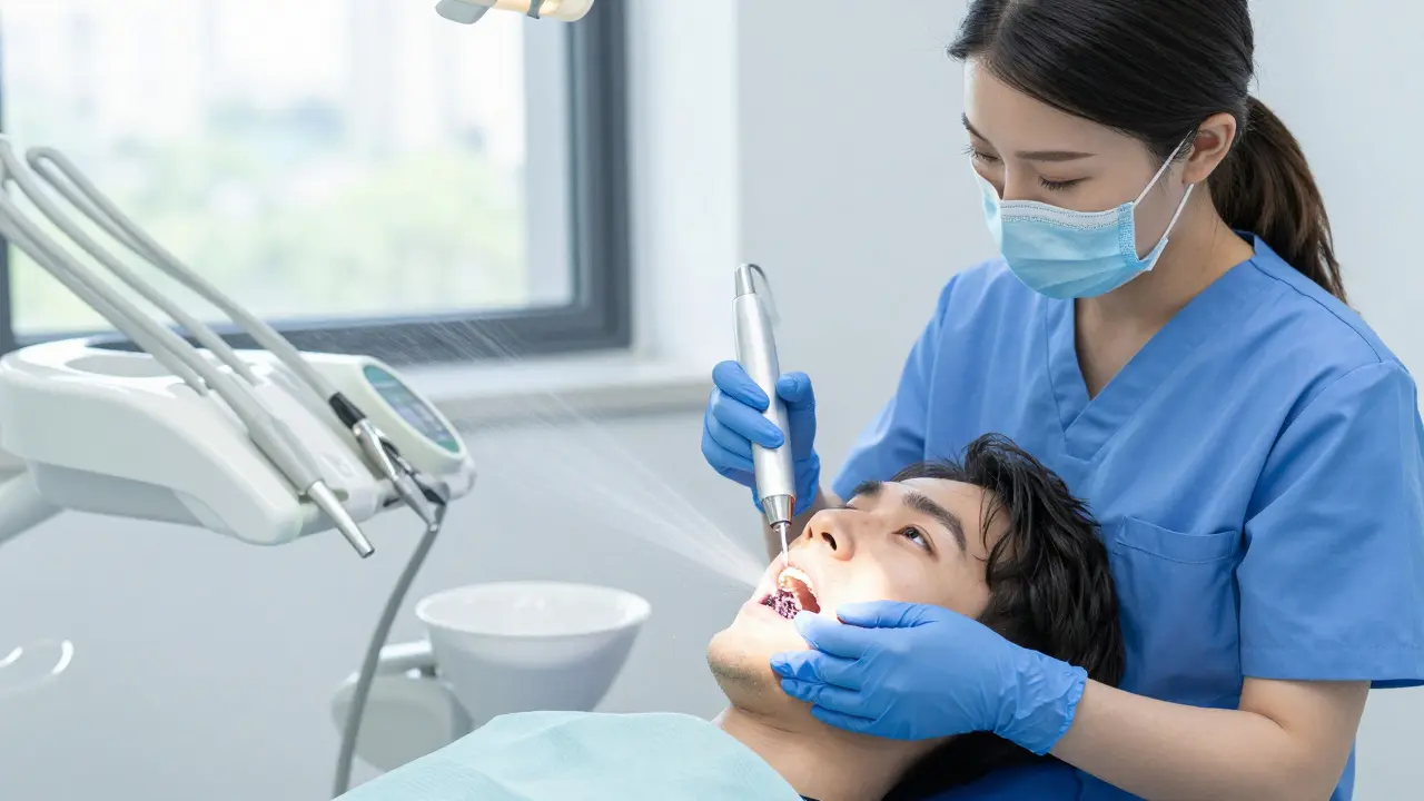 Zubní hygienička odstraňuje kámen ultrazvukovým skálérem