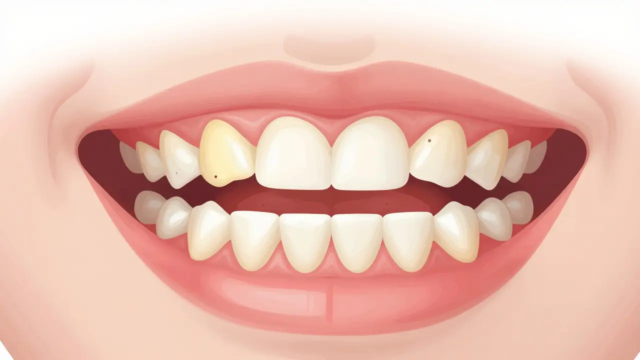 Zubní kámen na horních mléčných zubech s viditelným zánětem dásní a bakteriemi.