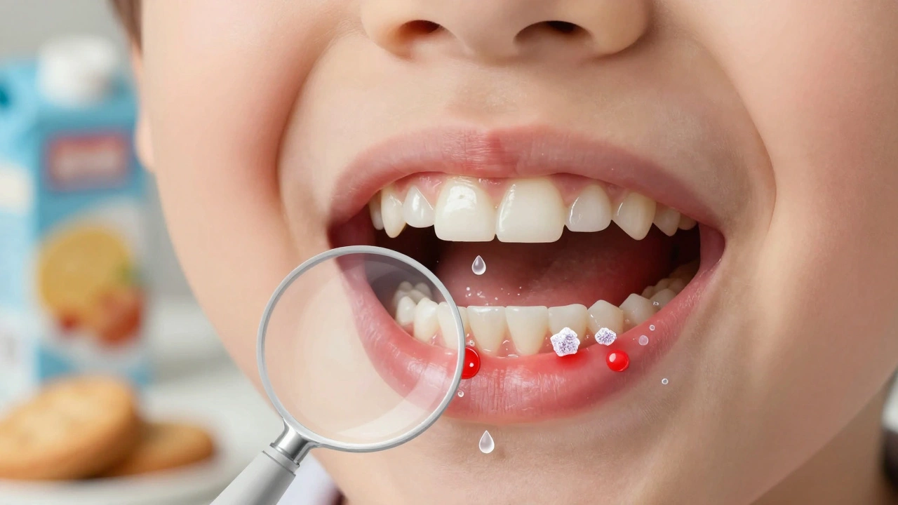 Zvětšený pohled na zubní plak a kyselinu ničící sklovinu mléčného zubu.