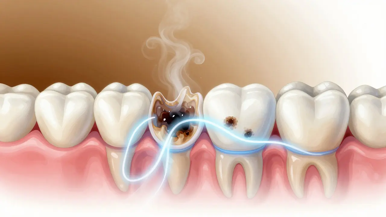 Abstraktní znázornění chemického rozkladu pigmentů ve sklovině zubu během bělení.