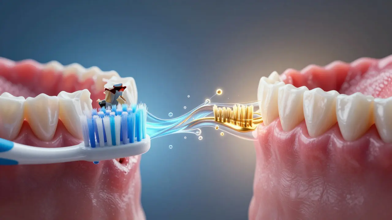 Dvě strany: poškozené dásně vs. zdravé dásně po použití Curaprox kartáčku.