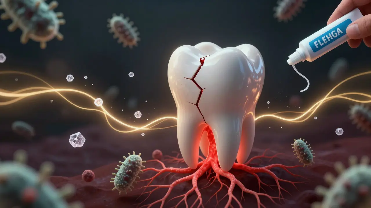 Konceptuální obrázek zubu s infekcí šířící se do čelisti a symboly prevence.