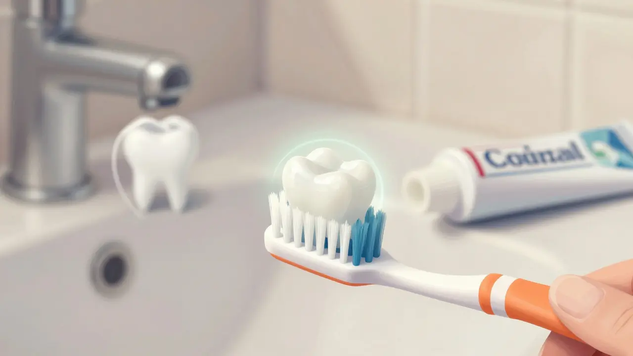 Měkký štětec čistí zuby, vedle něj zubní pasta s fluoridem a zubní nit.