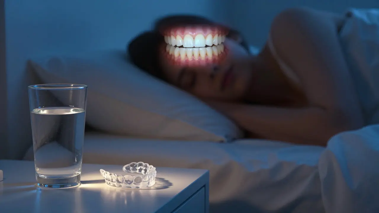 Neviditelná rovnátka na nočním stolku vedle spícího člověka, klidná noční atmosféra.