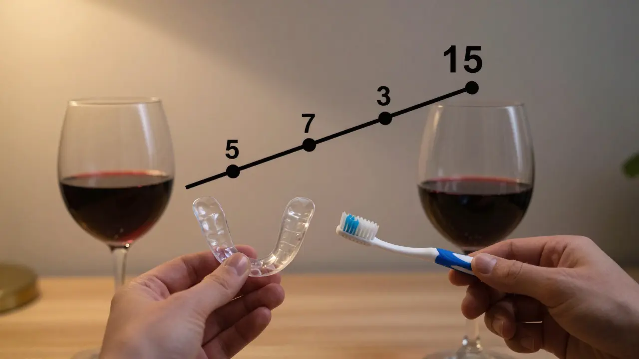 Ochranná štětice a zubní kartáček vedle vína s časovou osou péče o fazety.