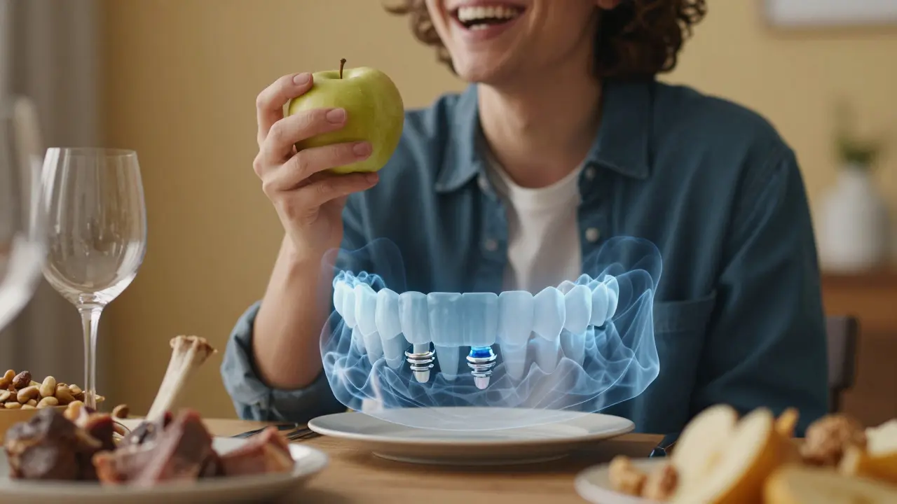 Osoba se směje při jídle jablka, s přehledem zubních implantátů v čelisti.