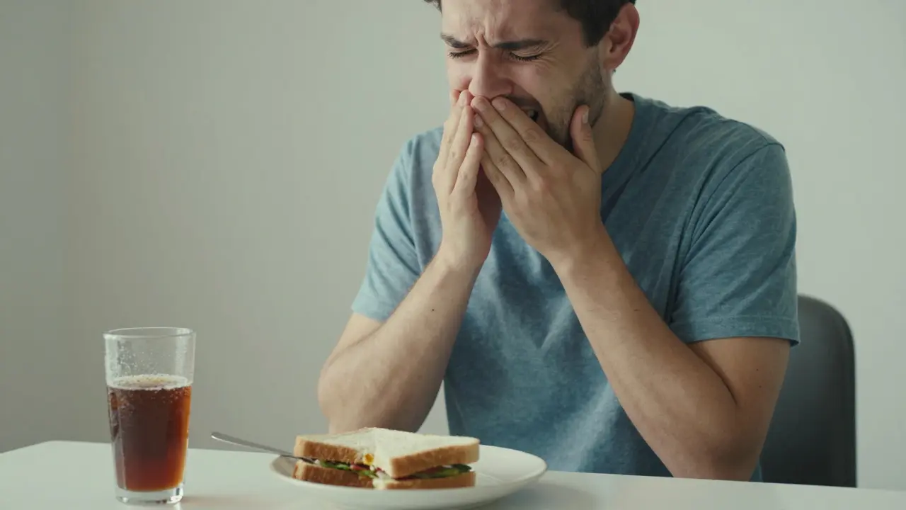 Osoba se usmívá, ale skrývá ústa — prasklina na zubu ovlivňuje každodenní život.