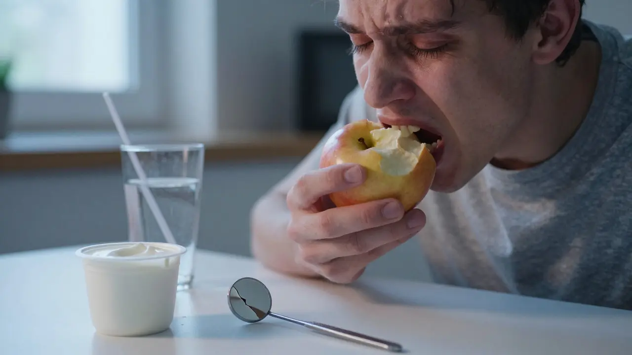 Osoba se zastavila před jídlem, připravená na bolest, s měkkými potravinami na stole.