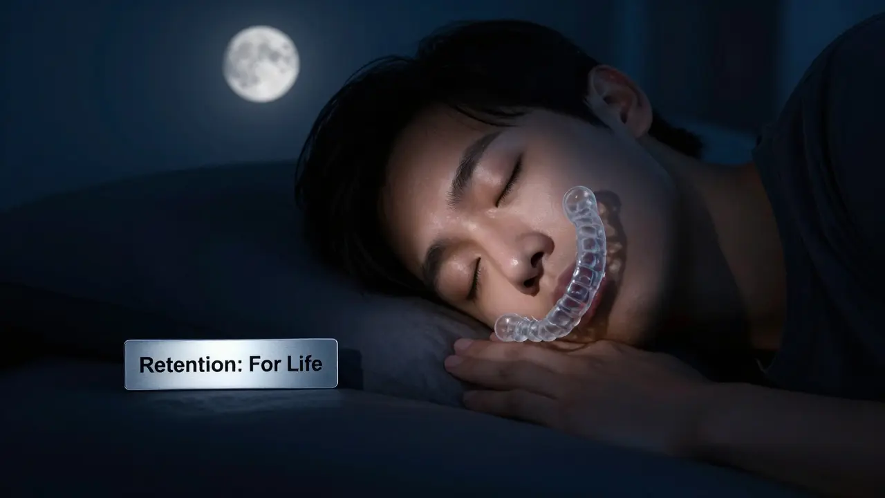 Osoba spí s udržovací šablonou v ústech při měsíčním světle.