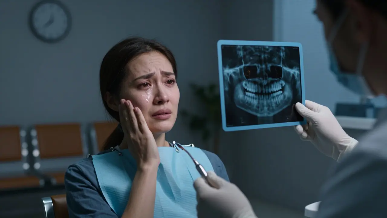 Pacient s bolestí čelisti a zubním rentgenem na světelné tabuli