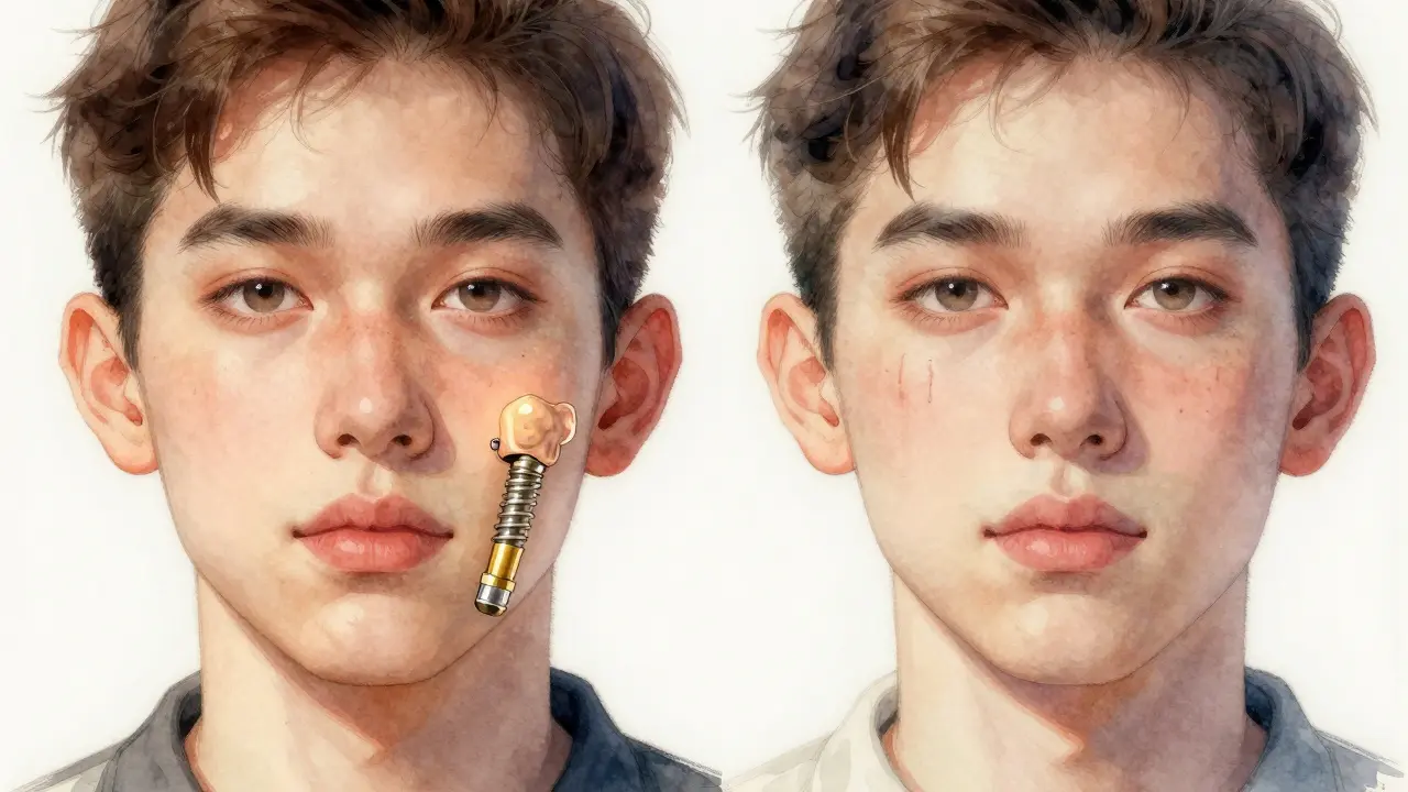 Porovnání plného obličeje s implantátem a propadlého obličeje bez zubů.