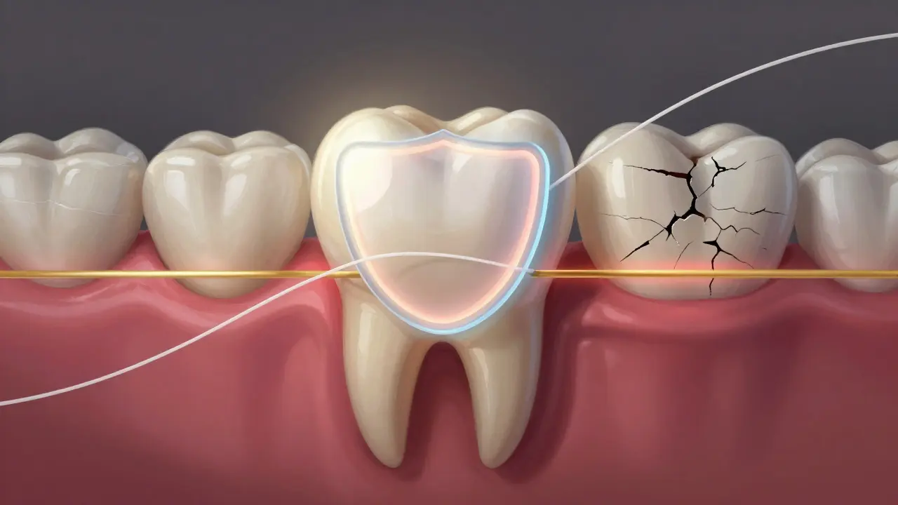 Porovnání zdravého a poškozeného zubu s symbolickou ochranou fluoridem.