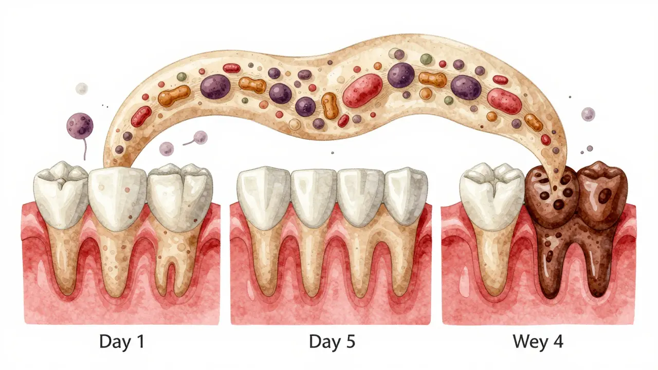 Postupný vývoj zubního plaku na zubní sklovině až na kámen.