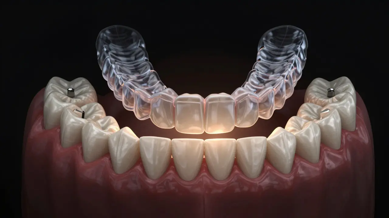 Přesně se sevřené zuby jako zámek, s neviditelnými rovnátky kolem, symbolizující správné sevření.