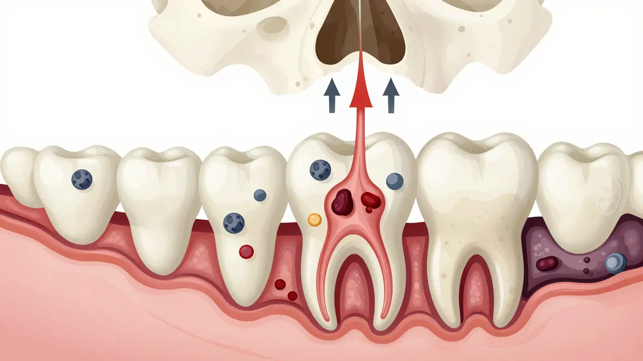 Příčný řez čelistí s bakteriemi a hnisem kolem kořene zubu