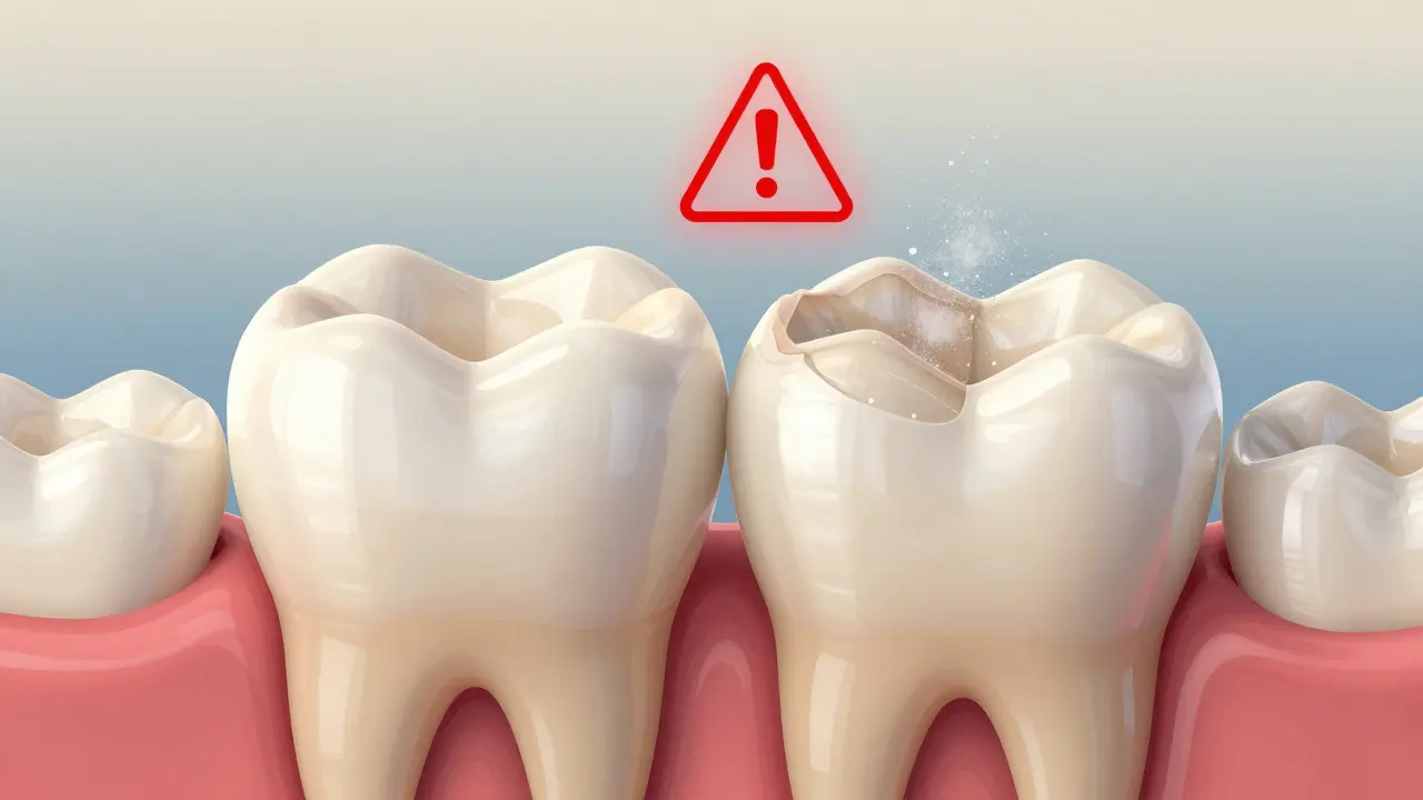 Příčný řez zubu s poškozenou sklovinou a jemným prachem abrazivu.