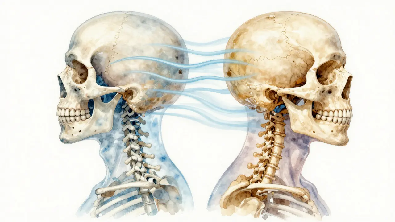 Průhledná lebka s porovnáním špatného a správného postavení zubů a jejich dopadu na tělo.