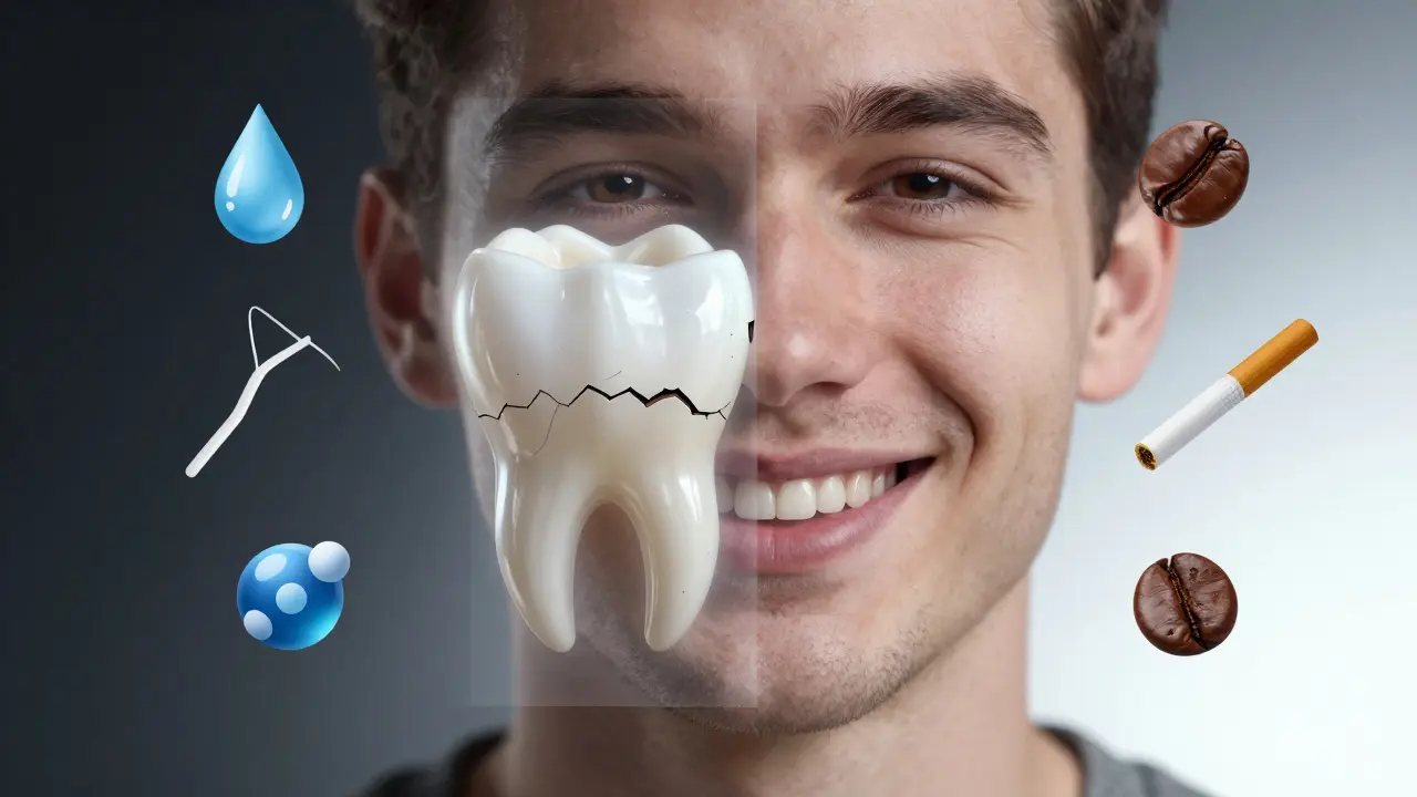 Průhledný úsměv s porovnáním zdravé a poškozené skloviny, symboly dobrých a špatných návyků.