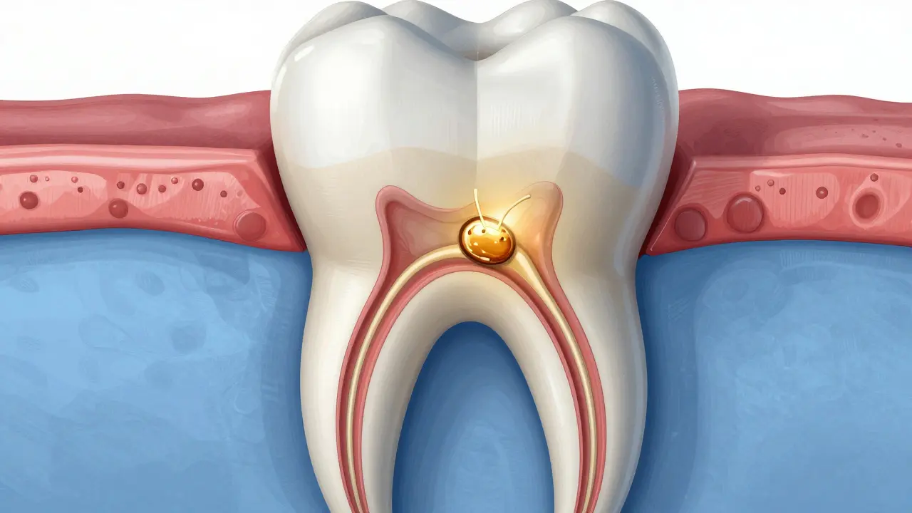 Průřez předním zubem s infekcí šířící se do kosti.