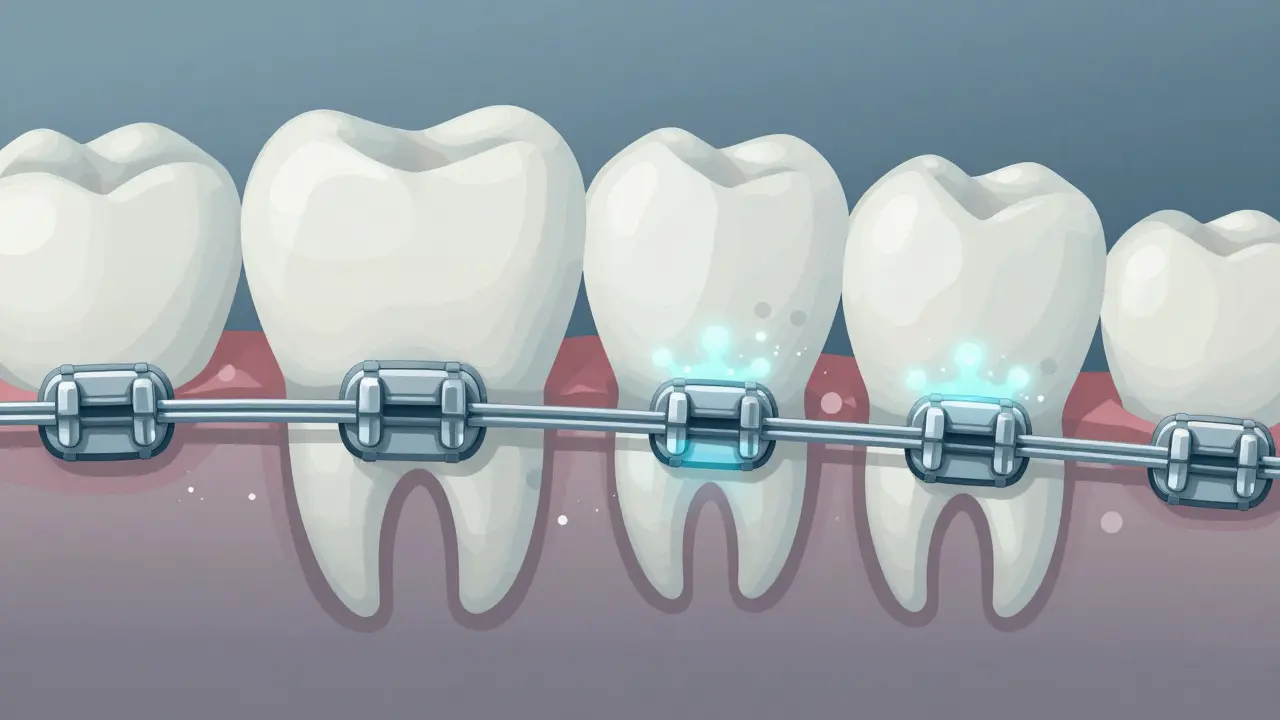 Průřez zubu s demineralizací a plakem kolem zámečků rovnátek.