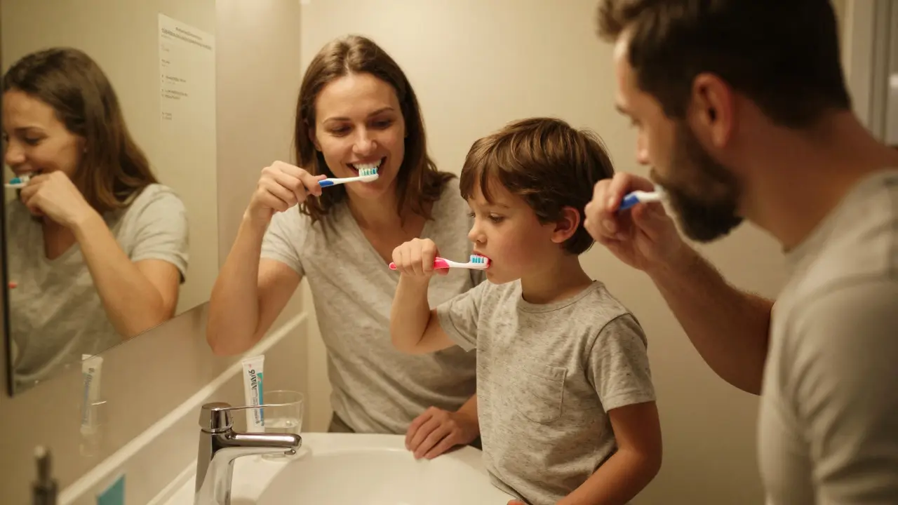 Rodina společně čistí zuby večer, dítě opakuje rodiče, voda a zubní pasta na stole.