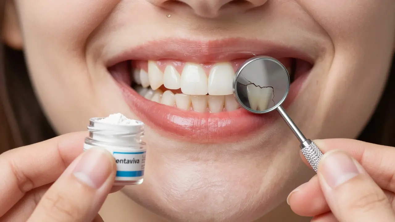 Ruce drží prášek na zuby a dentální zrcátko — porovnání bezpečného a nebezpečného výsledku.