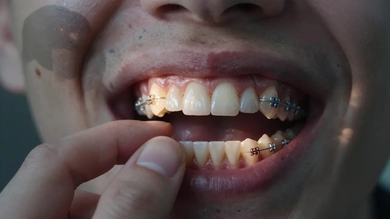 Ruce sundávají rovnátka, odhalujíce zdravé zuby, zatímco poškozené zuby zmizí v stínu.