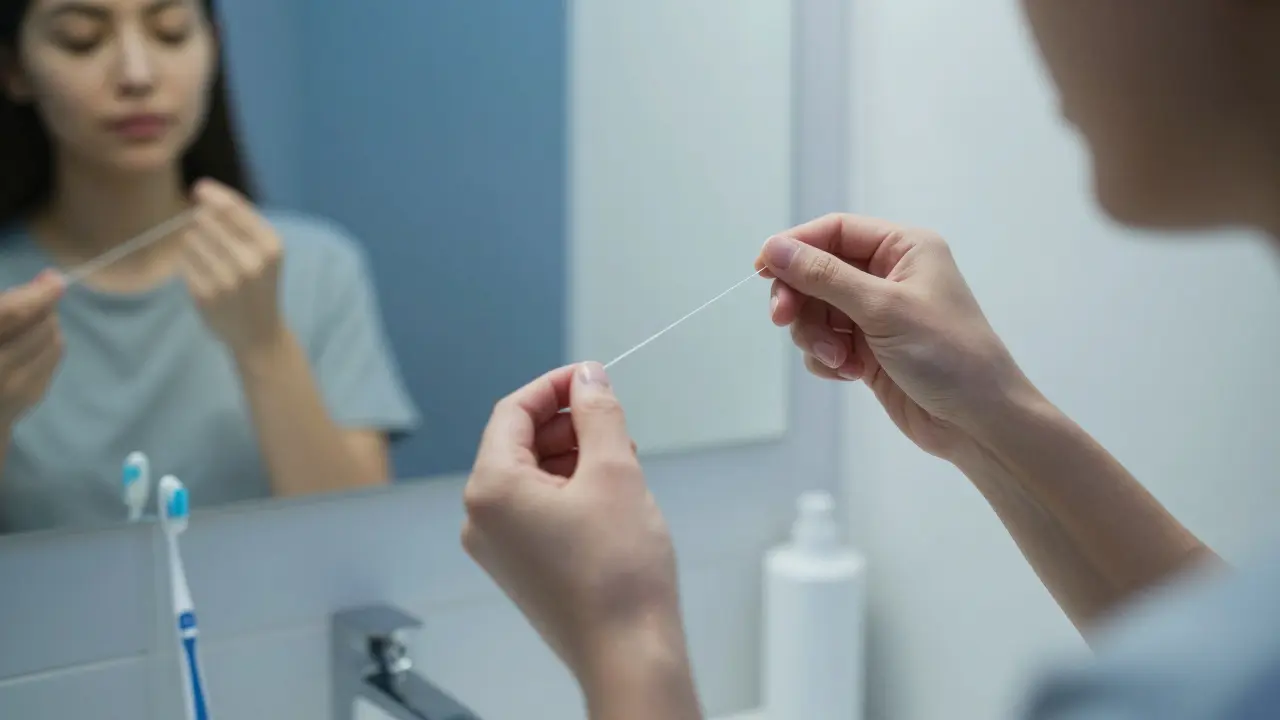 Ruka flossuje mezi zuby ve večerní koupelně s odrazem tváře ve zrcadle.