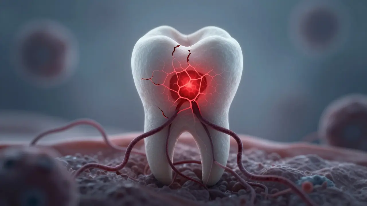 Skrytá infekce se šíří z prasklého zubu do čelisti, symbolicky znázorněná červenými a šedými pruhy.