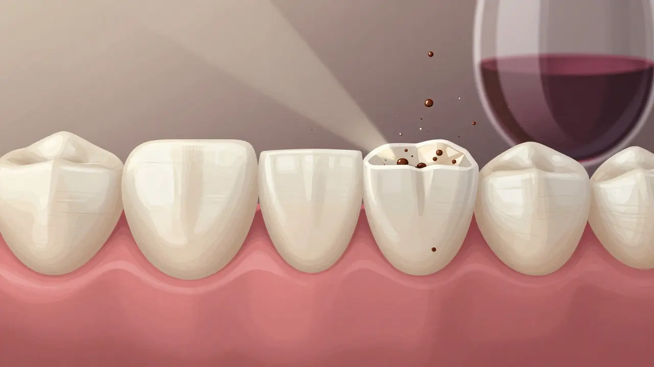 Tenká fazeta se odplývá od zubu, kolem ní plak a kyseliny.