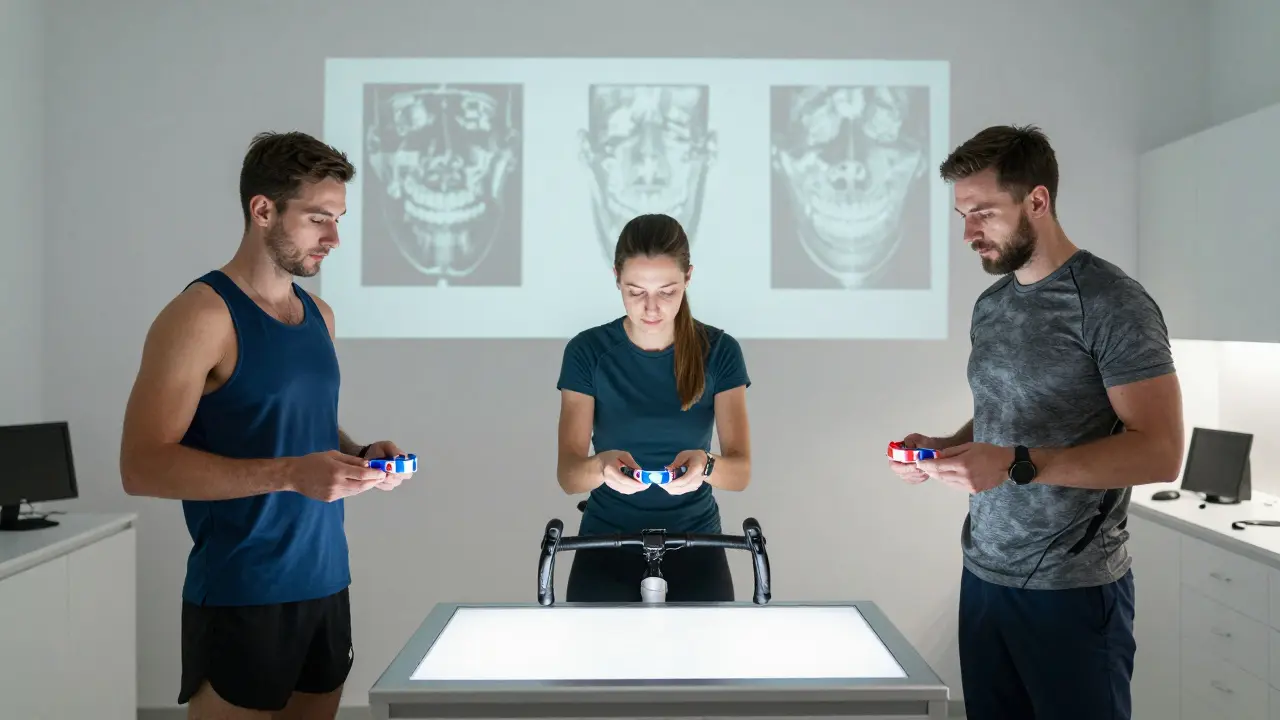 Tři sportovci v českém výkonnostním centru drží své individuálně vyrobené zubní štíty s 3D skeny na pozadí.