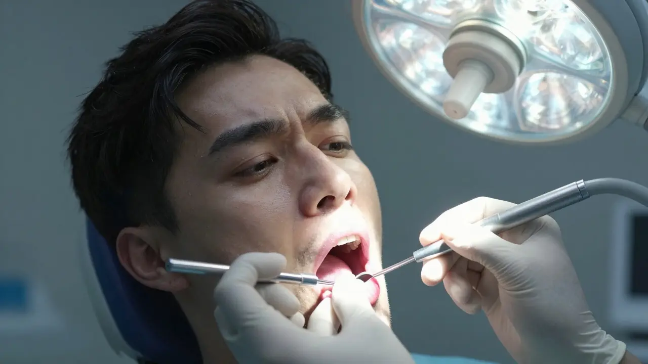 Zubař provádí léčbu kořenového kanálku předního zubu.