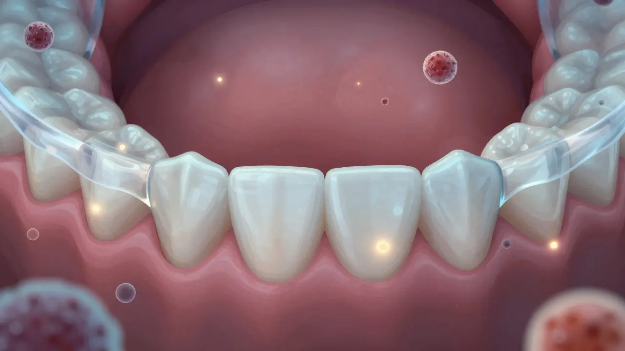 Zuby s bílými skvrnami pod průhledným rovnátkem, s viditelnými kyselinami ničícími email.