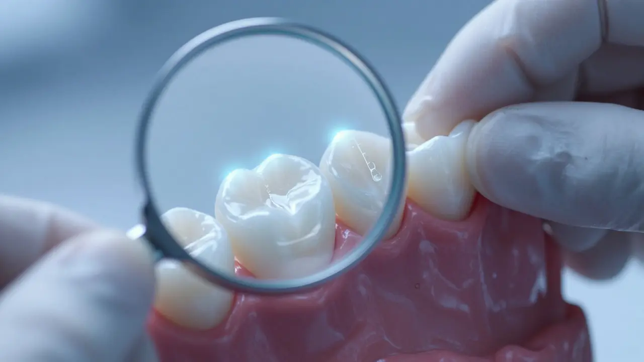 Zvětšený pohled na tenkou keramickou fasetku přilepenou na zub.