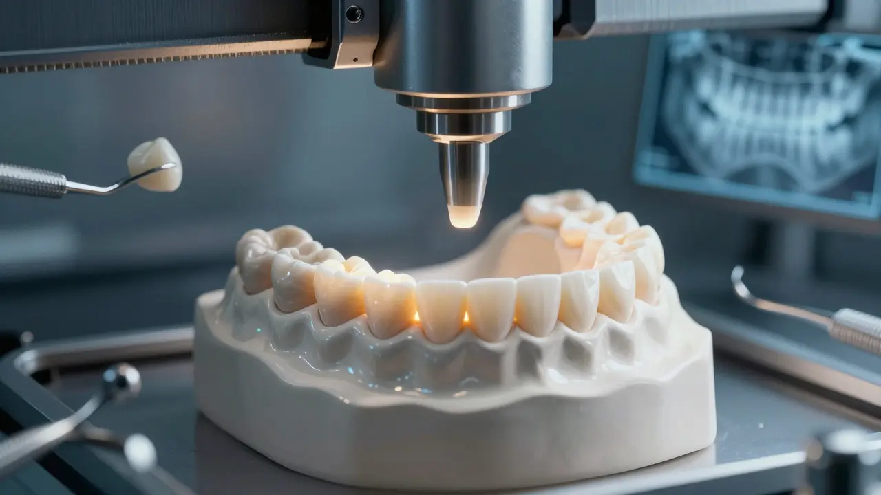A ceramic tooth being precision-machined into perfect alignment, glowing with natural translucency.