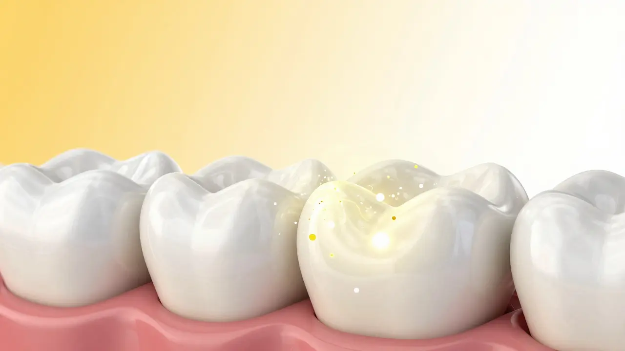 Abstraktní znázornění, jak peroxid vodíku proniká do skloviny zubu a rozkládá pigmenty.