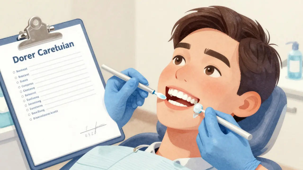 Aplikace fluoru na čisté zuby po hygienické péči.