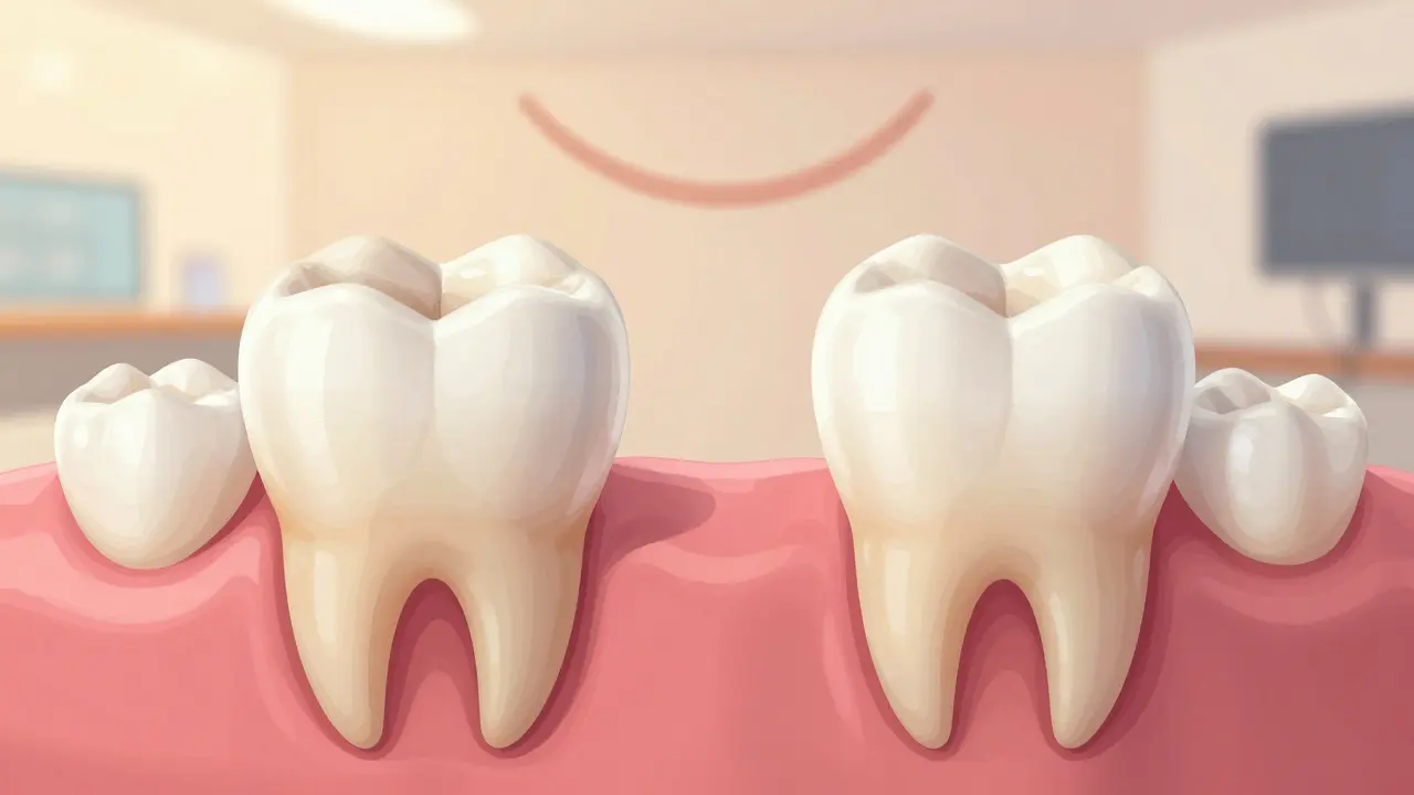 Before and after view of a crooked tooth transformed by a ceramic crown, symbolizing aesthetic restoration.