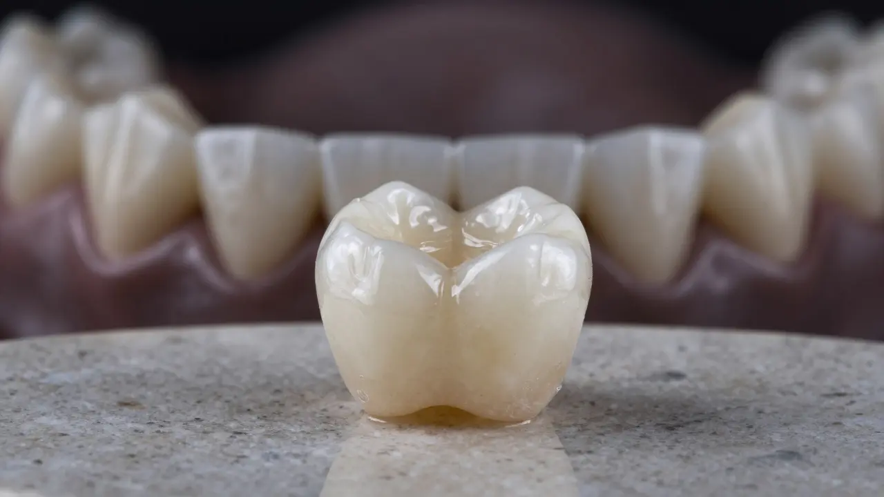 Close-up of a ceramic dental crown with natural light reflecting off its surface.