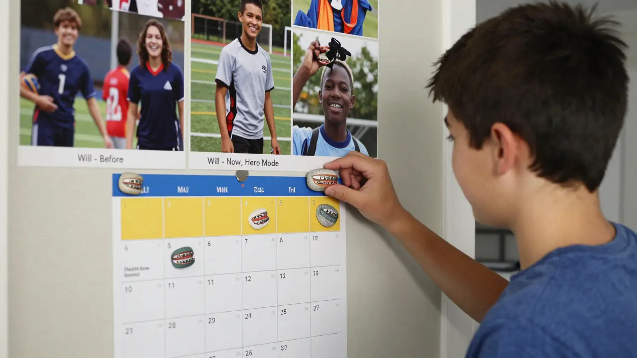 Dítě přilepuje magnetický kámen na kalendář s rovnátky, kolem něj jsou fotografie spolužáků se stejnými rovnátky a úsměvy.