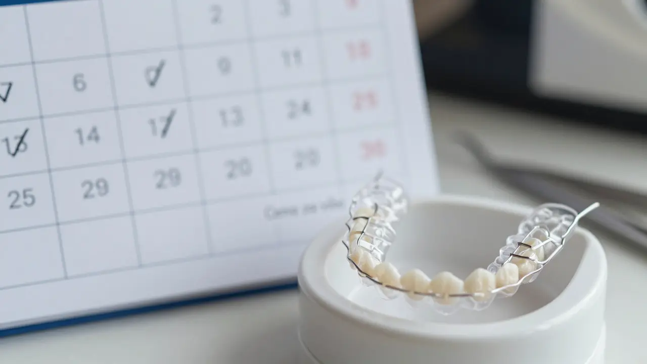 Dva typy retentorů – pevný drát a vyjímatelný průhledný – na bílé podložce s kalendářem.