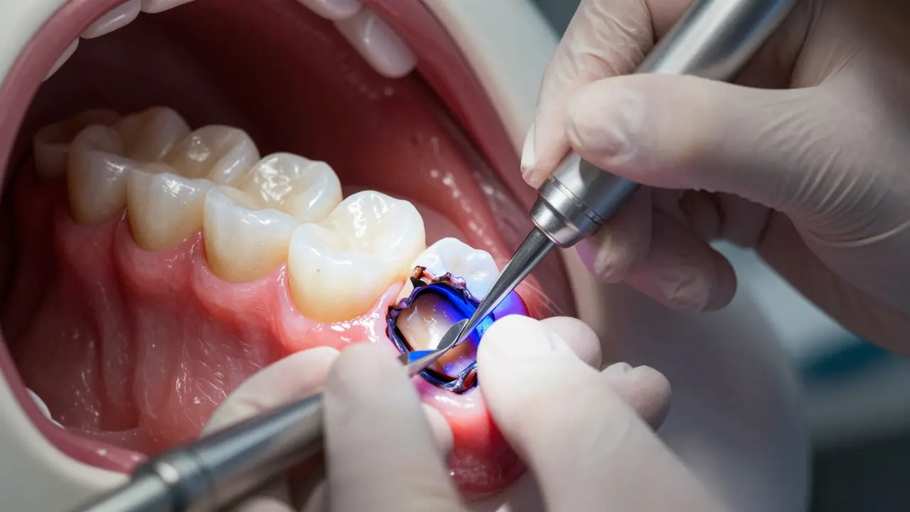 Kompozitní výplň na moláru během vícevrstvého zpracování.