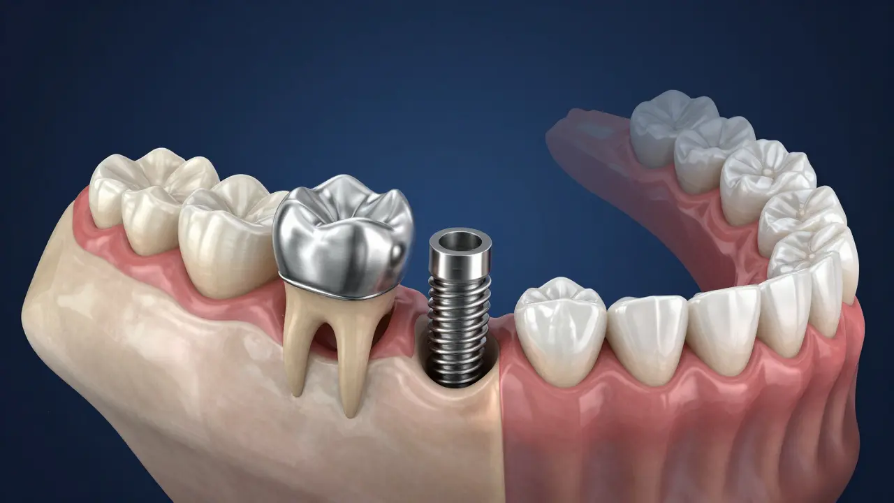 Kostní struktura čelisti s porovnáním tří typů náhrad: korunka, most a implantát.