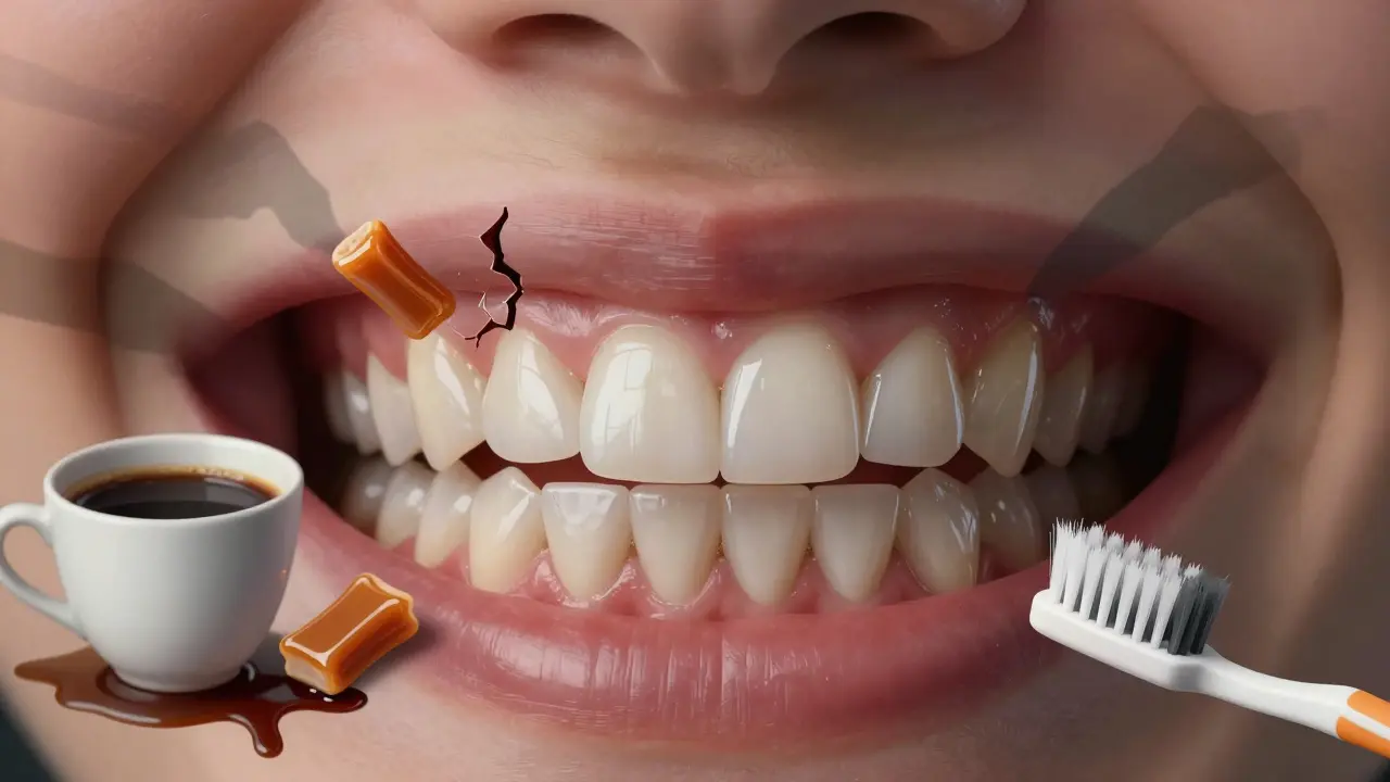 Křehké fazety ohroženy kávou, lepkavými potravinami a agresivním čištěním.