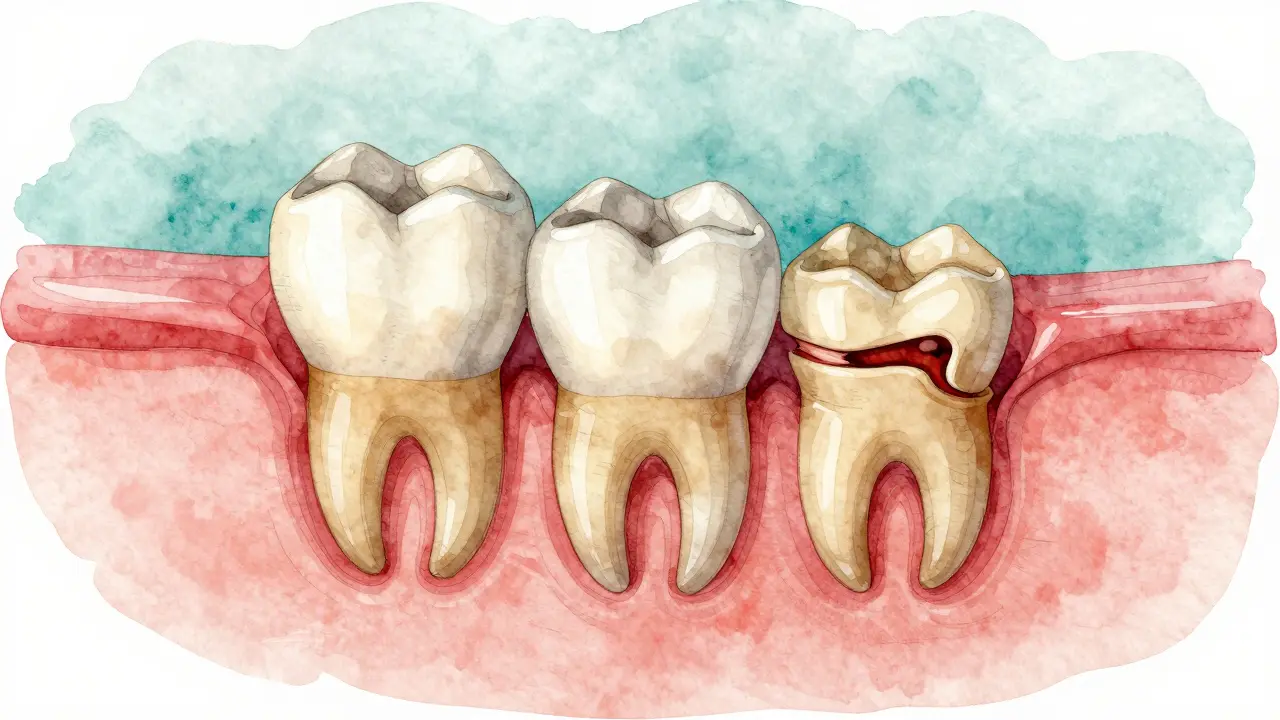Křížový řez čelisti s třemi různě umístěnými moudrými zuby.