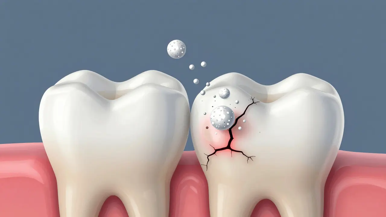 Mikroskopický řez zubem ukazující rozklad pigmentů a ztrátu minerálů v emalí.