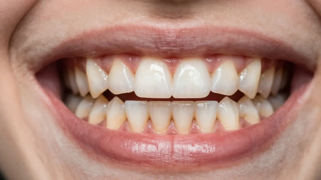 Orthodontic smile disrupted by a wisdom tooth pushing sideways, warping tooth alignment.